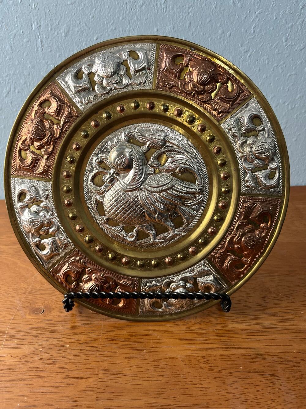 VTG Mixed Metal Wall Plate Griffin Bird Duck Brass Copper Silver Repousse 10”